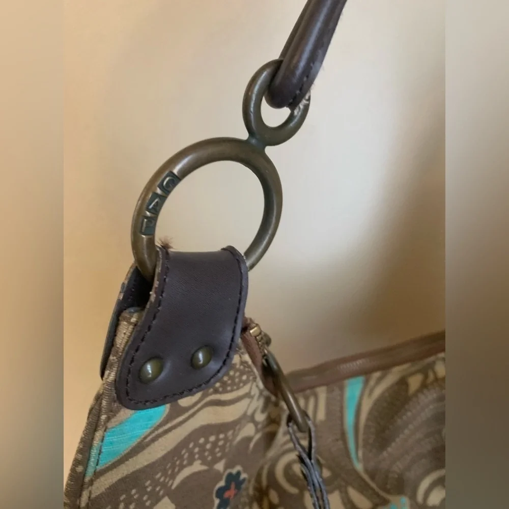 Vtg 2006 GAP Hobo Bag Brown Teal Floral Print Canvas Leather Trim Shoulder Bag
